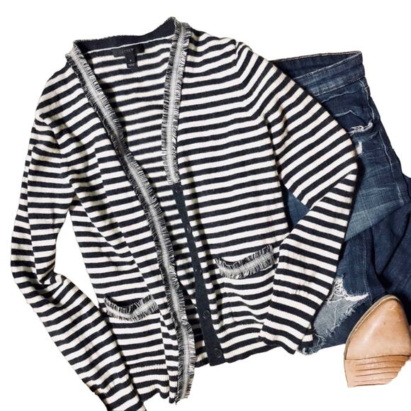 J. CREW Black White Striped Harlow Cardigan Cardi Sweater Button Tweed Trim S - Picture 4 of 7